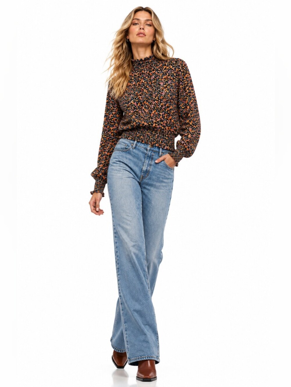 Lost + Wander Floral Smocked Mock Neck Long Sleeve Blouse Black Multi M